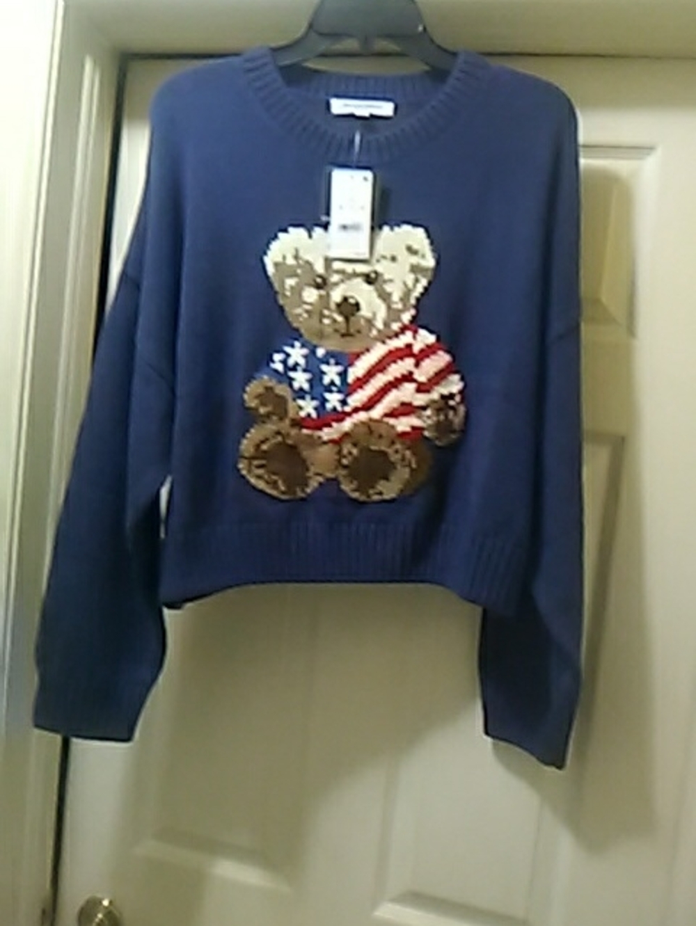 Grayson Threads Navy Teddy Bear Crewneck Sweater with Flag Accent